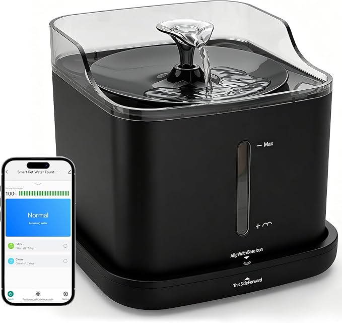 Cat Water Fountain, 2.2L Automatic Pet Water Fountain for Cats and Small Dogs, 2.4GHz WiFi App Control, Rechargeable Motion Sensor, 3 Water Modes, Detachable Tank, Black