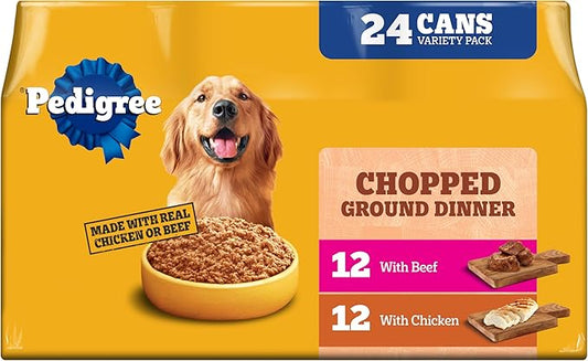 Pedigree Chopped Ground Dinner Wet Dog Food Chicken & Beef Variety Pack, Canned Dog Food, 13.2 oz. Cans (24 Count, Pack of 1)