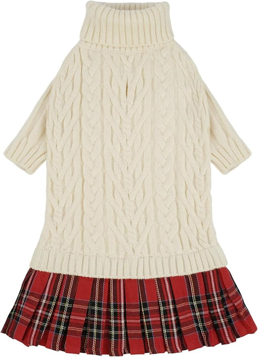 IECOii Girl Dog Sweater Dress - Cable Knit Dog Sweater for Small Dogs Girl - Beige,Medium, Turtleneck Pullover Sweaters with Tartan Plaid Skirt, Adorable Warm Dog Knitted Dress for Christmas