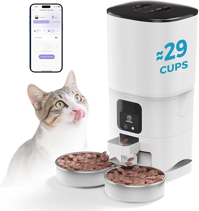 PAPIFEED Automatic Cat Feeder 2 Cats, 2.4G WiFi Cat Food Dispenser with App Control, 7L Slow Feed Timed Cat Feeders for Dry Food, 10 Meals/Day, 12 Portions/Meal, Dual Power Supply, White