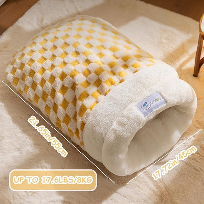 Cat Sleeping Bag, Cat Sleeping Bag for Indoor Cats Self Heating Cozy Winter Soft Plush Self Warm Kittens Indoor Sack 360°Wrap Comfortable Pet Snuggle Sack for Cats up to 8kg/17.6lb (Yellow Plaid)