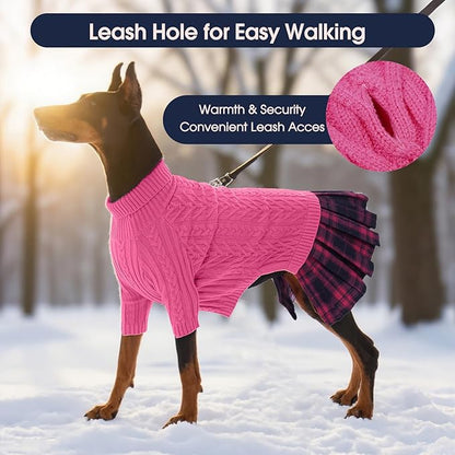 IECOii XL Dog Sweater Dress for Large Dogs Girl, Cable Knit Winter Dress for Female Dogs, Pink, XLarge, Soft Girl Dog Sweater with Tartan Plaid Skirt Cute Turtleneck Knitwear for Cold Weather