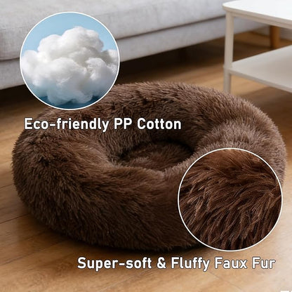 Calming Donut Dog Beds for Small Dogs Cats - Washable Removable Cover Non-Slip Bottom, Round Pet Bed Puppy Bed Warming Fluffy Faux Fur Anti-Anxiety, Fits up to 25 lbs (Coffee, 23")