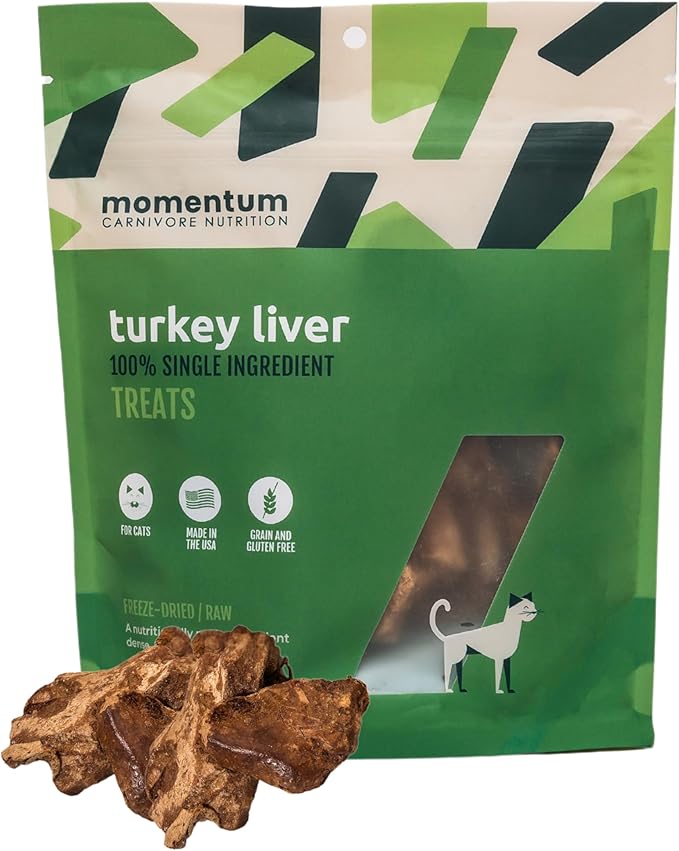 Momentum Carnivore Nutrition Freeze-Dried Turkey Liver Cat Treats – Single-Ingredient, High-Protein, All-Natural, Grain-Free, Naturally Flavorful & Lean – Made in USA – 1.9 oz Bag