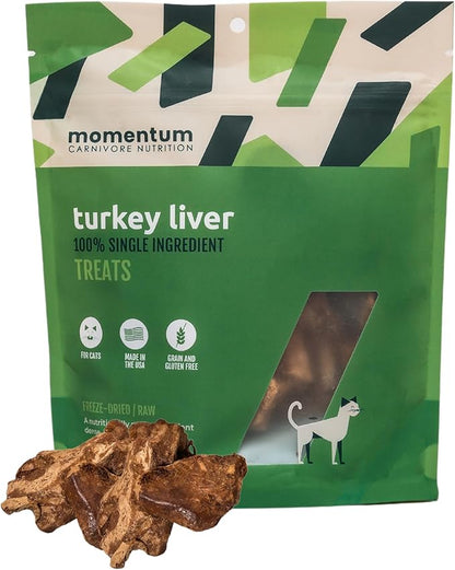 Momentum Carnivore Nutrition Freeze-Dried Turkey Liver Cat Treats – Single-Ingredient, High-Protein, All-Natural, Grain-Free, Naturally Flavorful & Lean – Made in USA – 1.9 oz Bag