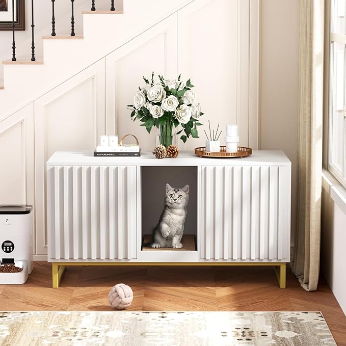 Halitaa Double Litter Box Enclosure,Modern Cat Litter Box Enclosure for 2 Cats, Hidden Litter Box with Cat Scratch Pad, Cat Washroom Cat House End Table, Entryway Bench for Livingroom (White)