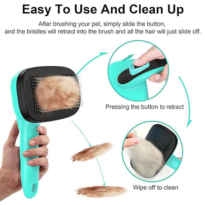 Self Cleaning Slicker Brush for Dog, Skin Friendly Shedding & Grooming Tool for Long and Short Haired Dogs and Cats, Easy Clean Retractable Bristles, Green