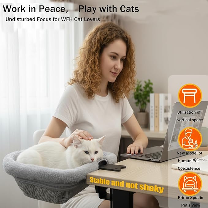Cozy Winter Cat Desk Bed - One-Touch 90° Fold Down & Space-Saving Ergonomic Perch, Ultra-Plush Faux Rabbit Fur Sunken Nest for Remote Workers, Holds 40lb (18kg) - Perfect for Cats