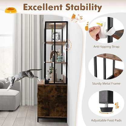 PETSITE Cat Litter Box Furniture with 3 Shelves and Doors, 61 inch Tall Cat Box Enclosure with Display Shelves, Scratching Pad, Indoor Hidden Litter Box with Decorative Storage Shelving (Rustic Brown)