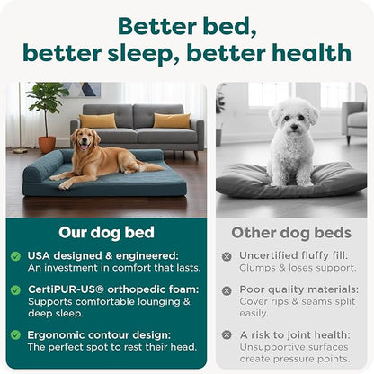 Furhaven Orthopedic Dog Bed for Large Dogs w/ Removable Bolsters & Washable Cover, For Dogs Up to 95 lbs - Pinsonic Quilted Paw L Shaped Chaise - Bluestone, Jumbo/XL