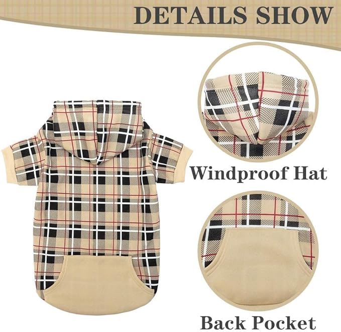 EXPAWLORER Plaid Dog Hoodie - British Style Warm Dog Sweater Shirt with Leash Hole,Pitbull Clothes Outfits,Winter Coat Apparel for All Breeds Puppy Girl Boy-Cat Apparel,Beige Large