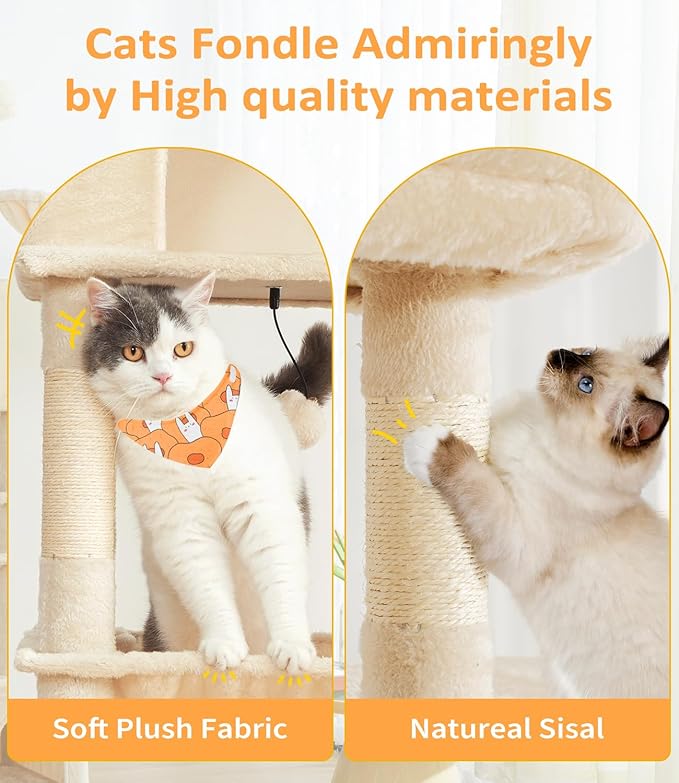 ABCPET Cat Tree Large Cat Tower Tree 68" Multi-Level Cat Tower for Indoor Cats with Sisal Scratching Posts, Widen Cat Perche, Square Hammock, 2 Widen Condos, Scratching Posts, Beige