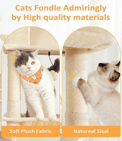 ABCPET Cat Tree Large Cat Tower Tree 68" Multi-Level Cat Tower for Indoor Cats with Sisal Scratching Posts, Widen Cat Perche, Square Hammock, 2 Widen Condos, Scratching Posts, Beige