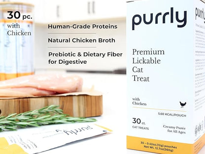 Purrly Lickable Wet Cat Treats Creamy Purée Human-Grade Chicken Breast with Prebiotic and Dietary Fiber for Digestive Health (30 Count) Non-Seafood Non-GMO No-Grains All Ages Low-Phosphorus