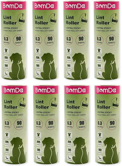 Extra Sticky Large Surface Lint Roller, 6.3''Wide Roller for Pet Hair | Long Handle Lint Remover for Couch, Furniture, Clothes, Dog & Cat Hair Remover (8 Refills(Scented))