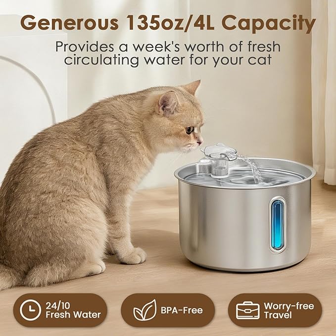 Stainless Steel Cat Water Fountain, 135oz/4L Automatic Pet Water Dispenser with 3 Replacement Filters & 2 Replacement Water Outlets, Quiet Indoor Drinking Fountain for Cats Dogs, Water Level Window