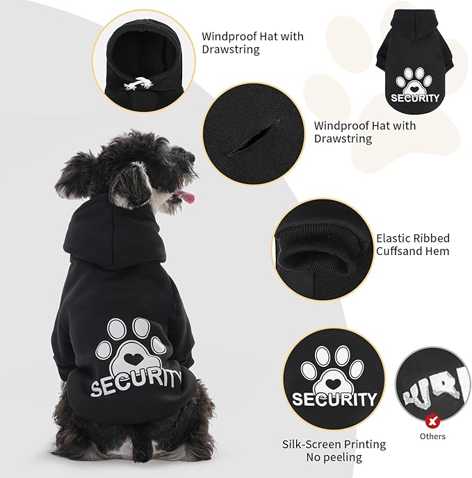 BEAUTYZOO Security Dog Hoodie Sweaters for Small Medium Large Dogs, Brushed Fleece Dog Clothes with Hat,Soft Winter Fall Coat All Weather Pullover, Classic Halloween Costume with Leash Hole, Black L