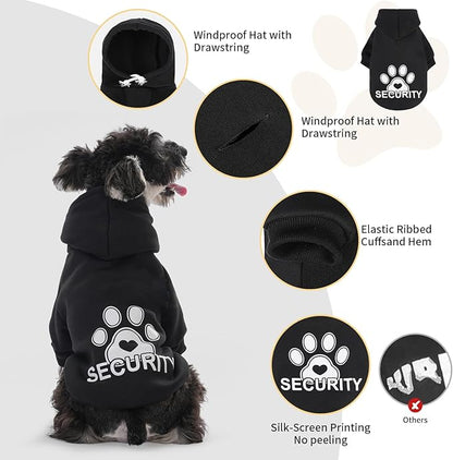 BEAUTYZOO Security Dog Hoodie Sweaters for Small Medium Large Dogs, Brushed Fleece Dog Clothes with Hat,Soft Winter Fall Coat All Weather Pullover, Classic Halloween Costume with Leash Hole, Black SM