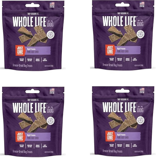 Whole Life Dog Just One Beef Liver Freeze Dried Dog Treats - Human Grade High Protein Food, Healthy Training Snacks, Freeze Dried Food Toppers, USA Made Natural Treats - 18 oz (Pack of 4)