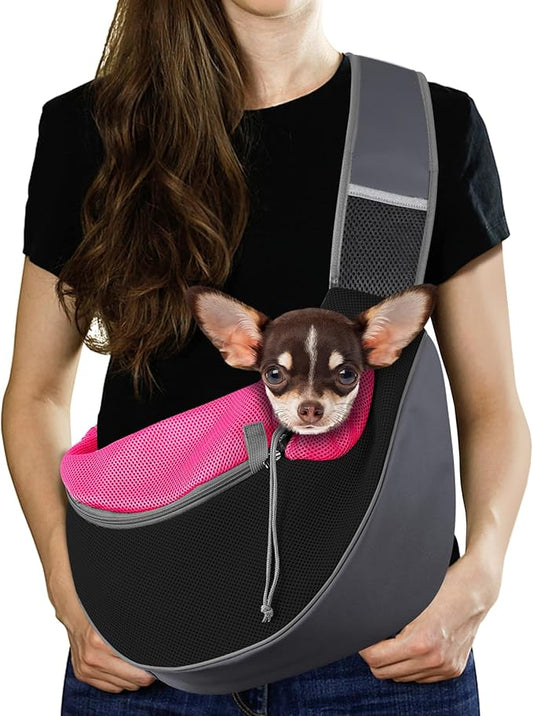 Pawaboo Dog Sling Carrier, Hand Free Breathable Mesh Bag for Puppy Cat, Drawstring Dog Papoose with Adjustable Strap and Pocket, Crossbody Satchel Dogs Purse for Outdoor Travel, M, Magenta