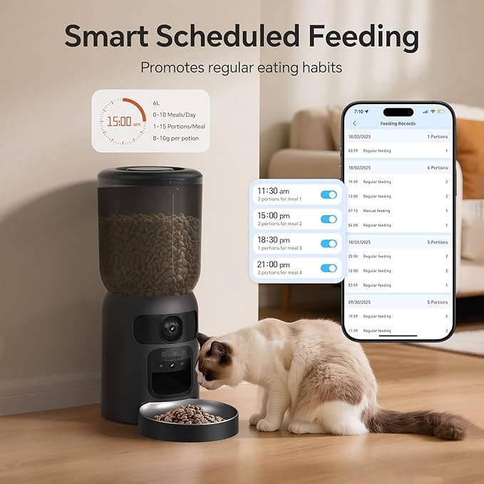 5G WiFi Automatic Cat Feeder with Two Camera: Automatic Pet Feeder with Laser Pointer, Cat Food Dispenser with Night Vision for Multiple Pet, Detachable for Easy Clean -24 Cup -6L Storage