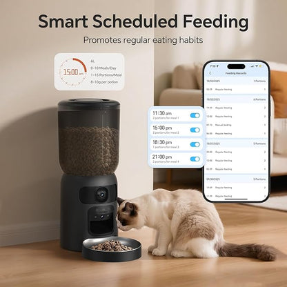 5G WiFi Automatic Cat Feeder with Two Camera: Automatic Pet Feeder with Laser Pointer, Cat Food Dispenser with Night Vision for Multiple Pet, Detachable for Easy Clean -24 Cup -6L Storage