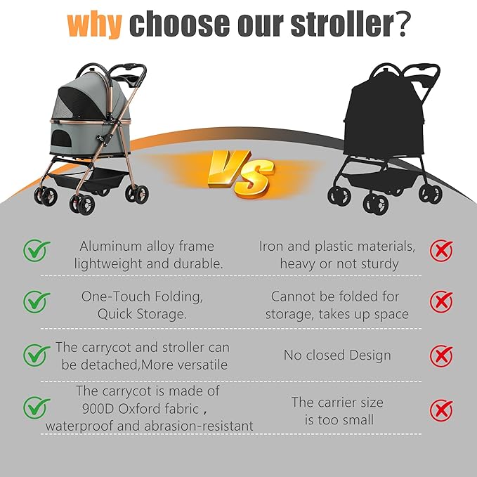 pet Stroller with Removable Carrier cat Dog Stroller with Aluminum Alloy Frame and 900D Oxford Fabric, Featuring one-Touch Folding,Includes rain Cover,for Travel, Walking,Shopping (Grey)
