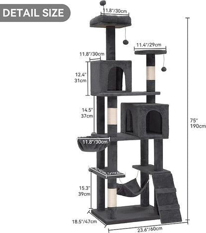 DWVO 75-inch Indoor Cat Tree Tower, Multi-Level Pet Playground, Cat Furniture with Scratch Posts, Hideaway Condos, Soft Perch, Snug Hammock, Climbing Ladder, and Plush Balls for Kittens (Dark Gray)