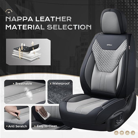 Coverado Car Seat Covers Full Set, Front Seat Covers with Lumbar Support and Back Seat Cover Waterproof Leather Automotive Seat Cover, Universal Car Interior Protectors Cushion for Most Cars