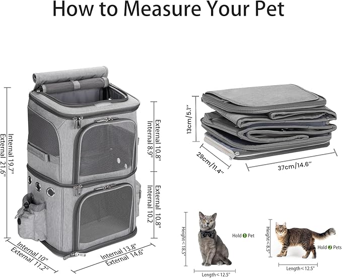 HOVONO Double-Compartment Pet Carrier Backpack for Small Cats and Dogs, Cat Travel Carrier for 2 Cats, Perfect for Traveling/Hiking/Camping, Grey