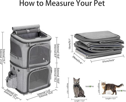 HOVONO Double-Compartment Pet Carrier Backpack for Small Cats and Dogs, Cat Travel Carrier for 2 Cats, Perfect for Traveling/Hiking/Camping, Grey