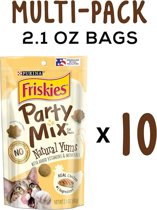 Purina Friskies Natural Cat Treats, Party Mix Natural Yums With Real Chicken & Vitamins, Minerals & Nutrients - (Pack of 10) 2.1 oz. Pouches