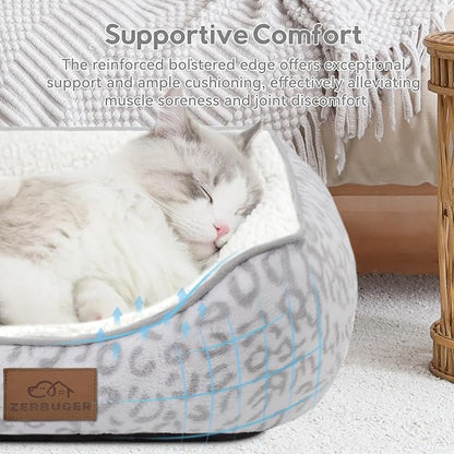 Zerbuger Rectangle Cat Dog Bed for Large Medium Small Pets Indoor Outdoor Machine Washable Sleeping Sofa Non-Slip Bottom Soft Puppy Bed Durable Orthopedic Calming Pet Cuddler (Medium, White Leopard)