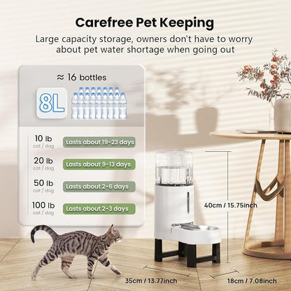 CZPET Elevated Dog Water Bowl Dispenser for Large Dogs (8L+Stand,White) | With Stainless Steel Bowl Gravity Waterer, Large Capacity and Drinking Area Noise-Free for Pets