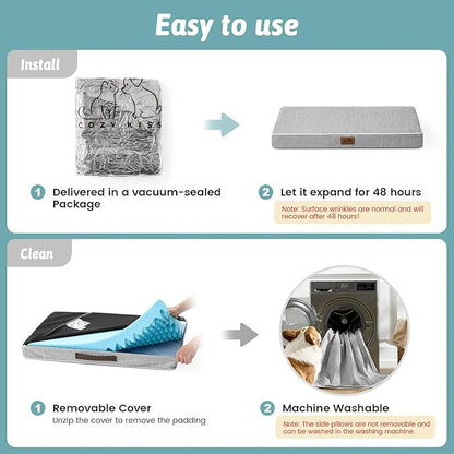 COZY KISS Cooling Dog Bed for Crate, Waterproof Dog Crate Mat with Removable Washable Cover, Orthopedic Egg Crate Foam Support, Small Dog Bed 24x16x3 Inch,Silver Grey