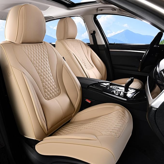 Coverado Waterproof Nappa Leather Car Seat Covers, Automotive Fullset Seat Covers, 5 Seat Car Seat Cushion & Car Seat Protector, Beige Front and Rear Covers Universal Fit for Most Cars, SUVs, Trucks