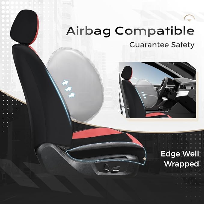 Coverado 3D Air Mesh Front Car Seat Cover, Sports Carbon Fiber Design, Breathable Seat Protectors Airbag Compatible Comfort Universal for Most Cars, Van,Trucks, SUV, Black&Wine