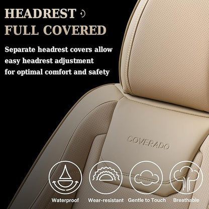 Coverado Car Seat Covers Full Set, Waterproof Car Seat Protector, Leather Seat Cushion, Universal Car Interior Covers Seat Protectors for Most Cars Beige