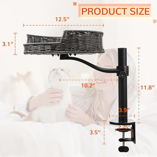 Niubya Cat Desk Bed Mount with Adjustable Height,Rattan Cat Desk Perch Supports 30 Lbs,360°Rotation Desktop Kitty Attachment for Indoor Home Office,1 Bed
