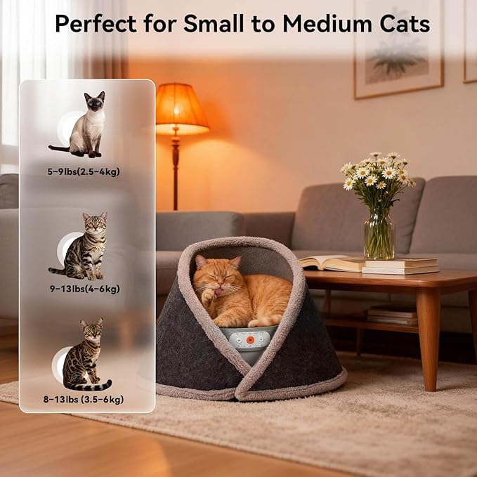 Heated & Cooling Cat Bed with 5 White Noise Modes, Cat Cave Bed with Mat Smart Temperature Control, Indoor Cozy Bed for Small and Medium Cats