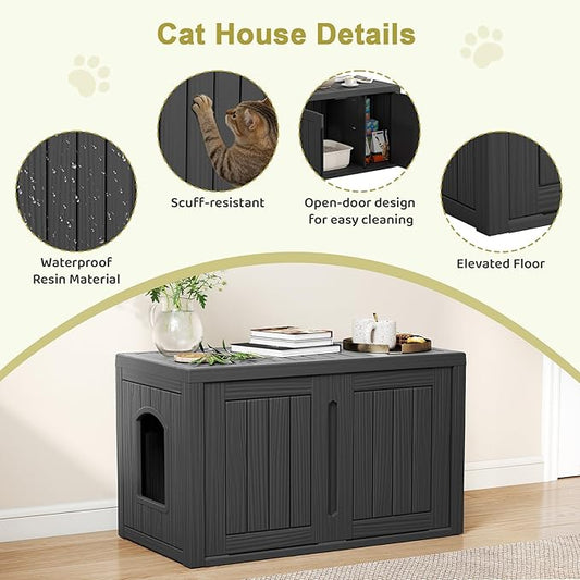Cat Litter Box Enclosure, Hidden Enclosed Litter Box Furniture with Adjustable Partition, Multi-Functional Outdoor Cat House, Side Table, Easy to Clean, Dark Black