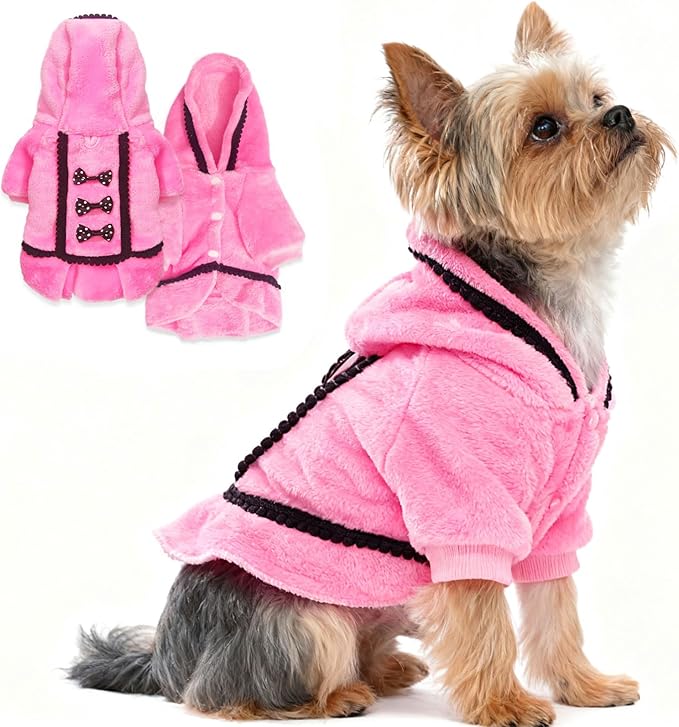 Puppy Sweaters for Small Dogs Girl Dog Dresses Winter Fleece Dog Sweater Warm Puppy Sweaters with Leash Hole Cute Pink Doggie Clothes Bowtie Chihuahua Sweater Pet Hoodie Cold Weather (X-Small)