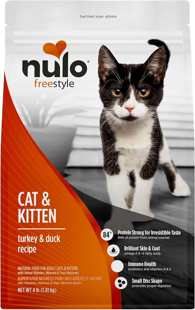 Nulo Freestyle Cat & Kitten Dry Food - Turkey & Duck Recipe, High Protein Grain Free Cat Food, Natural Kibble with Probiotics & Omega Fatty Acids, 4lb Bag