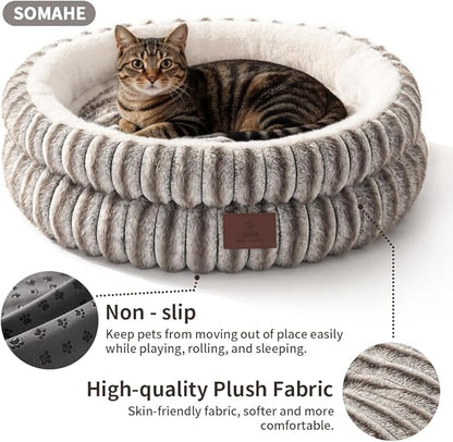 Cat Bed, Round Plush Faux Fur Donut Cuddler – Machine Washable Calming Cat Bed for Indoor Cats & Kittens, Removable Cushion Non-Slip Fluffy Kitten Bed, Cozy Small Cat Nest, 20" Inch Coffee