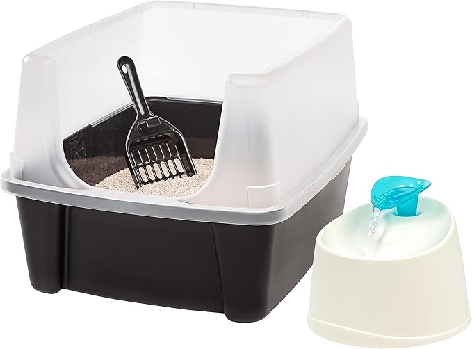 IRIS USA Open Top Cat Litter Box with Scoop and Scatter Shield, Black + 44oz / 1.3L Cat Water Fountain Bundle, Two Flow Options Silent Replaceable Charcoal Filter, White/Blue