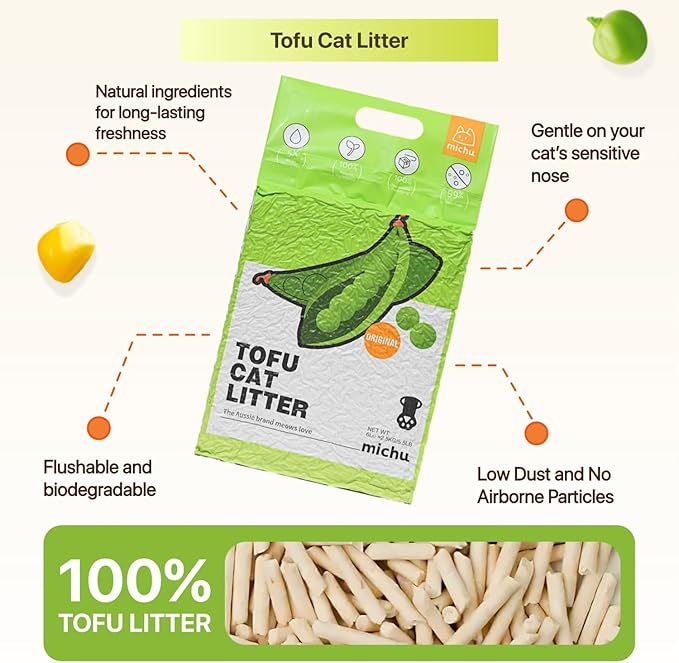 Michu Tofu Cat Litter Natural Clumping Tofu Cat Litter, Fast Clumping and Easily Scoop-able 5.5lb/88oz 5 Scents - Original + Ocean Fresh, 2 Pack