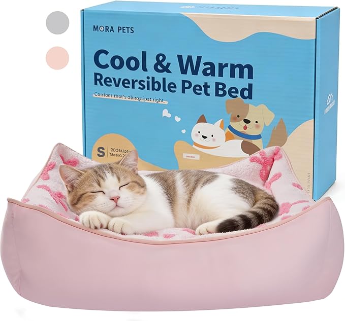 Mora Pets Reversible Cat Bed for Indoor Cats and Small Dogs Washable - Cool & Warm 2-in-1 Anti Anxiety Calming Pet Bed for Summer, Rectangle Puppy Bed with Cute Pink Bow (20″x19″x6″)