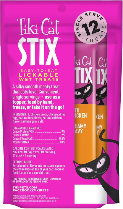 Tiki Cat Stix Mousse Treats, Single Serve Indulgent Lickable Treat or Dry Food Topper, with Chicken in Creamy Gravy, 0.5 oz. Servings (12 Count)