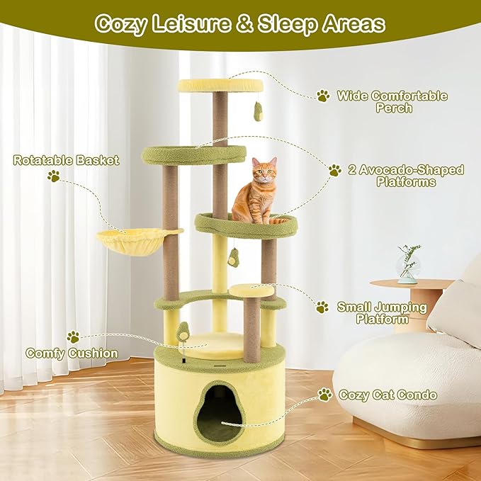 PETSITE 62.5 Inch Avocado-Themed Cat Tree, Multi-Level Modern Cat Tower with Jute Scratching Posts, Cat Condo, Dangling and Spring Toy, and Removable Cushions, Cute Cat Tree Tower for Indoor Cats