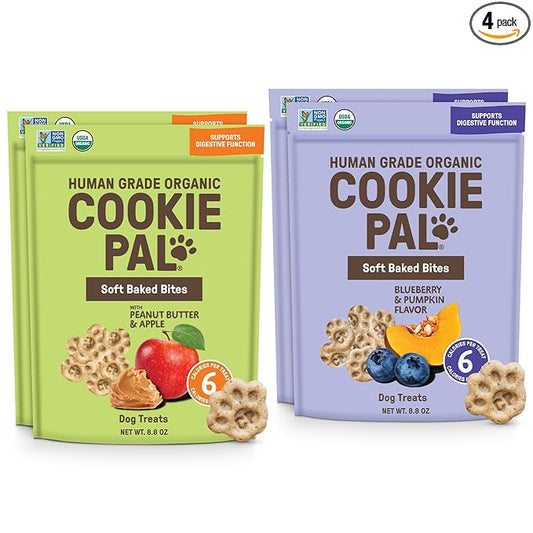 CookiePal Variety Pack Organic Soft Dog Treats (Peanut Butter Apple & Blueberry Pumpkin), Low Calorie Human Grade Biscuits, Non-GMO, Perfect for Training Dog Treats, 8.8 oz (Pk of 4)